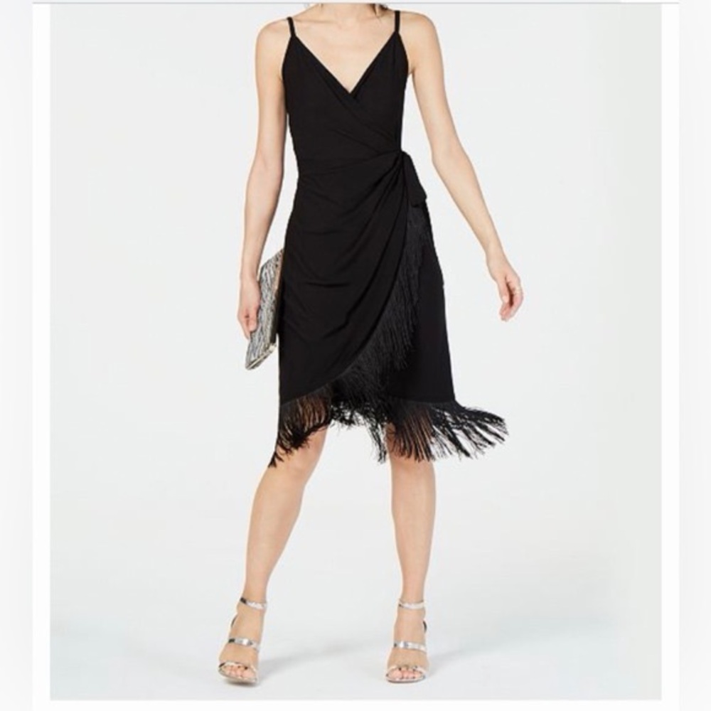 INC International Concepts Black Fringe Trim Wrap Dress
